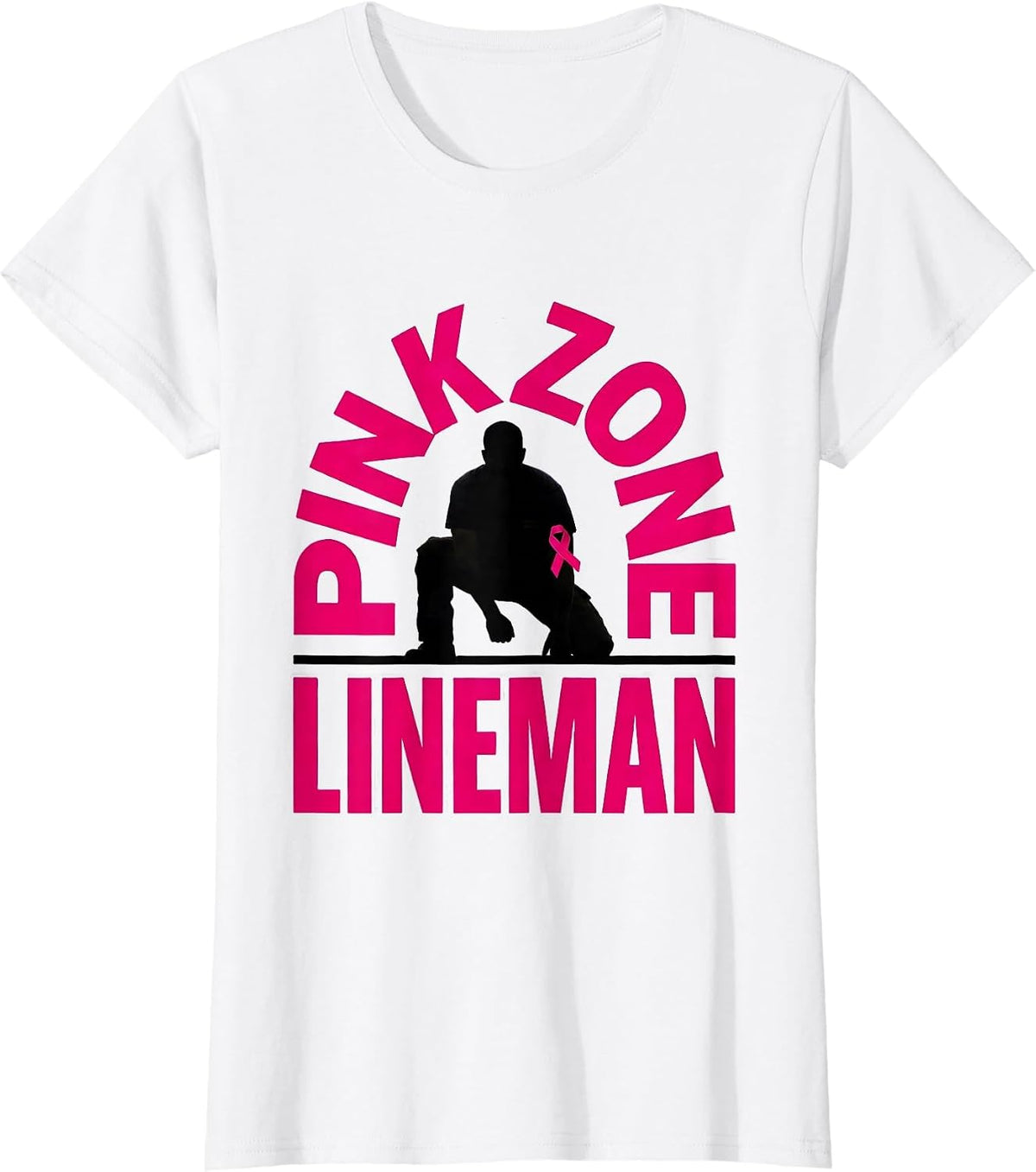 Women's Pink Zone Lineman Breast Cancer Awareness Football Pink Out T-Shirt - White