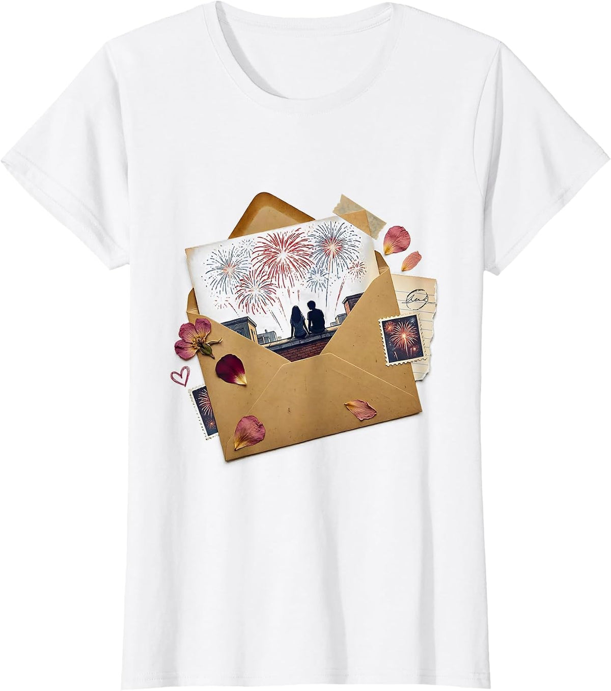 Rooftop Fireworks Couple Night Sky Illustration T-Shirt - White