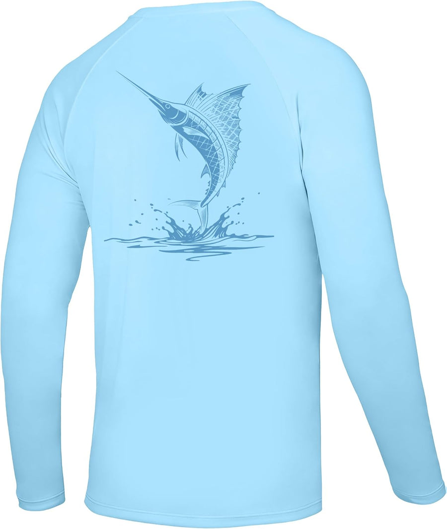 Men's UPF 50+ Fishing Shirt, Long Sleeve Quick Dry Sun Shirts - Light Blue (Line Art Marlin)