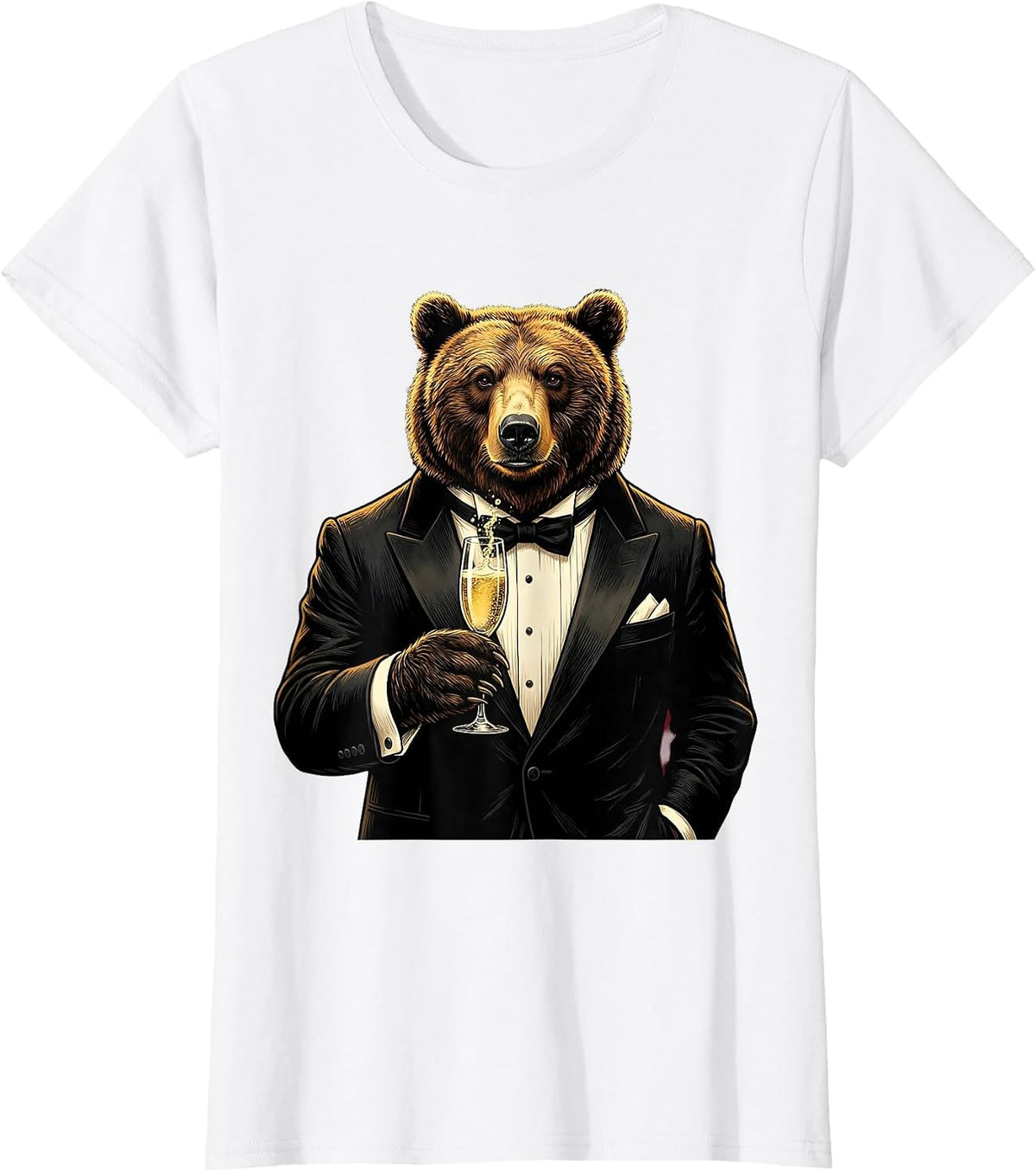 Bear in Tuxedo Champagne Glass Illustration T-Shirt - White