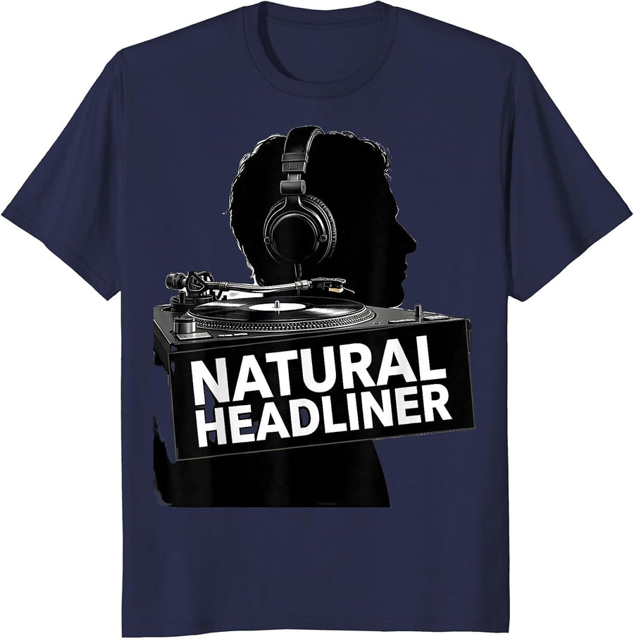 Natural Headliner Silhouette DJ Rave Festival Party Humor T-Shirt - Navy Blue