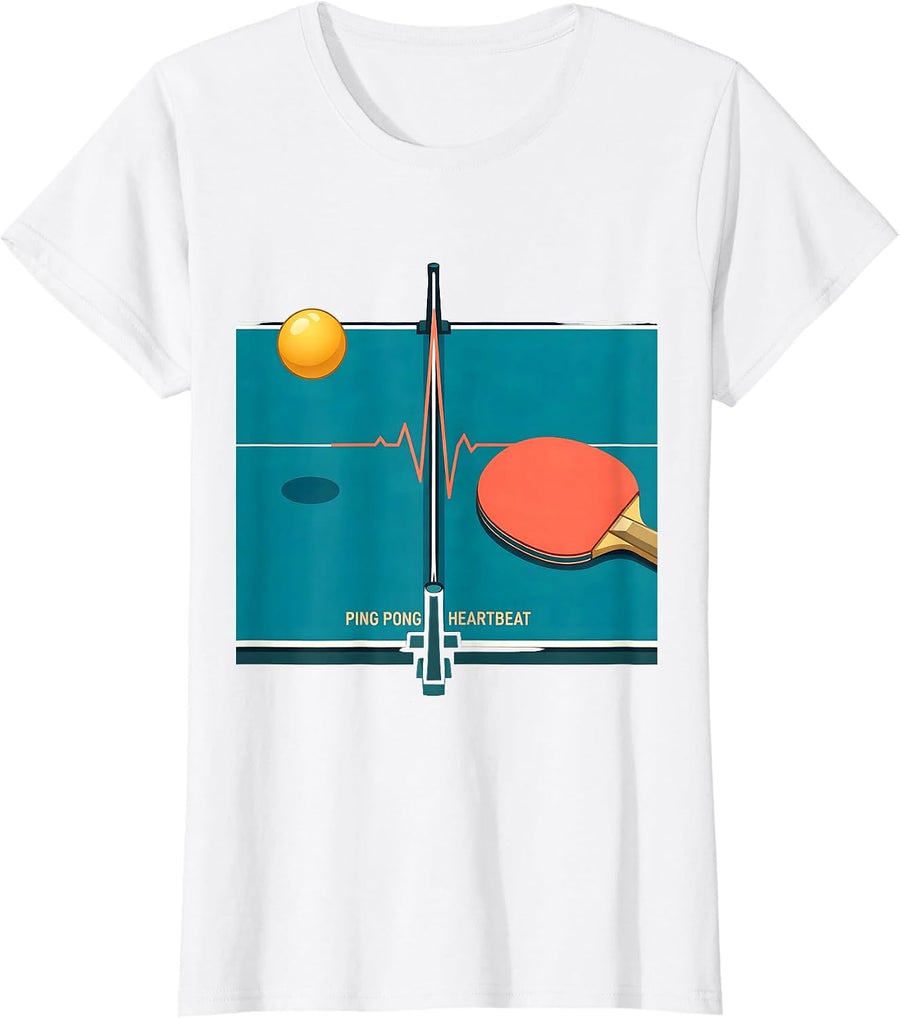 Women's Ping Pong Heartbeat Flat Vector Ping Pong Lover Humor T-Shirt - White