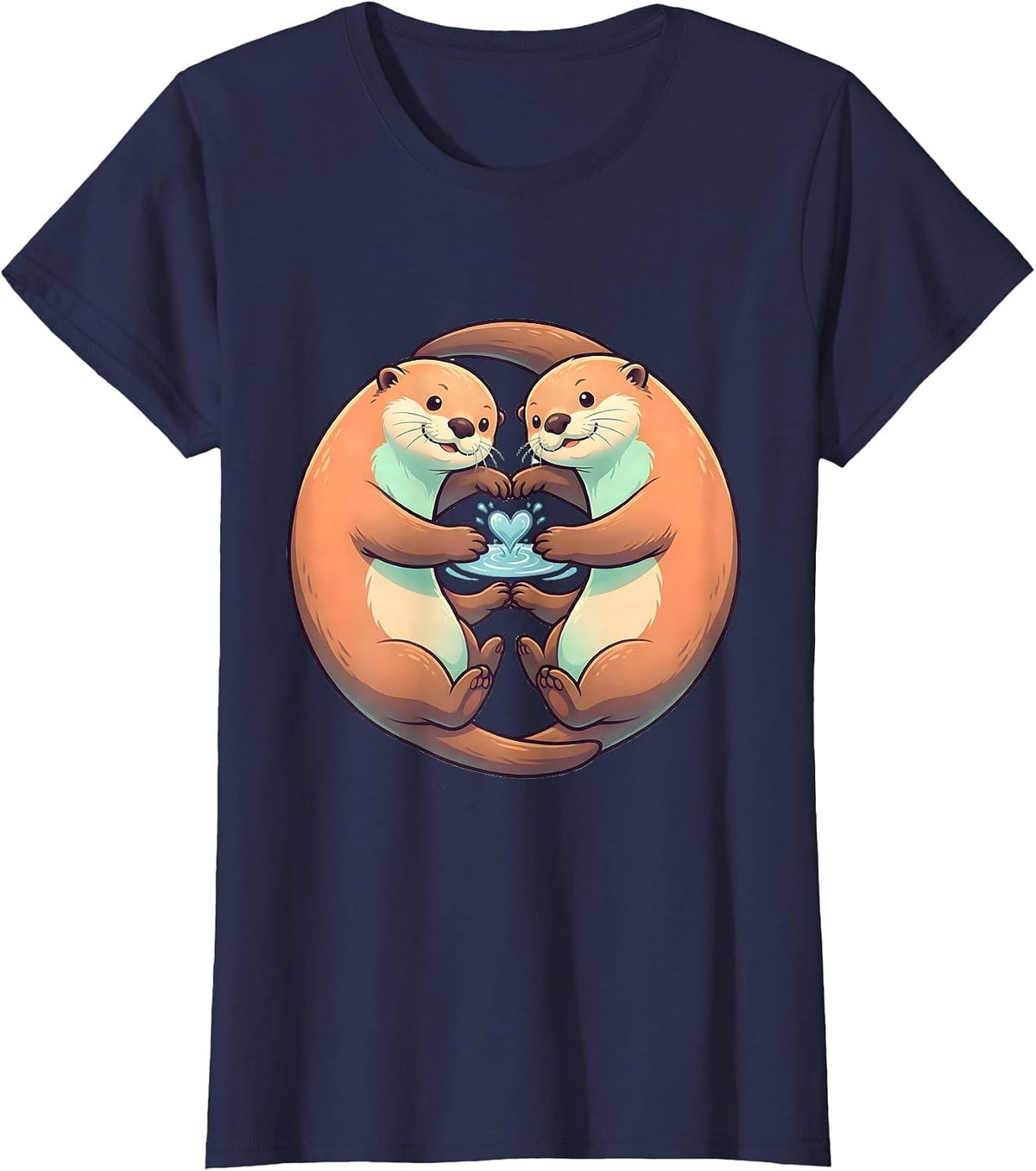 Women's Rounded Sea Otters Cute Kawaii Couple Valentine T-Shirt - Navy Blue