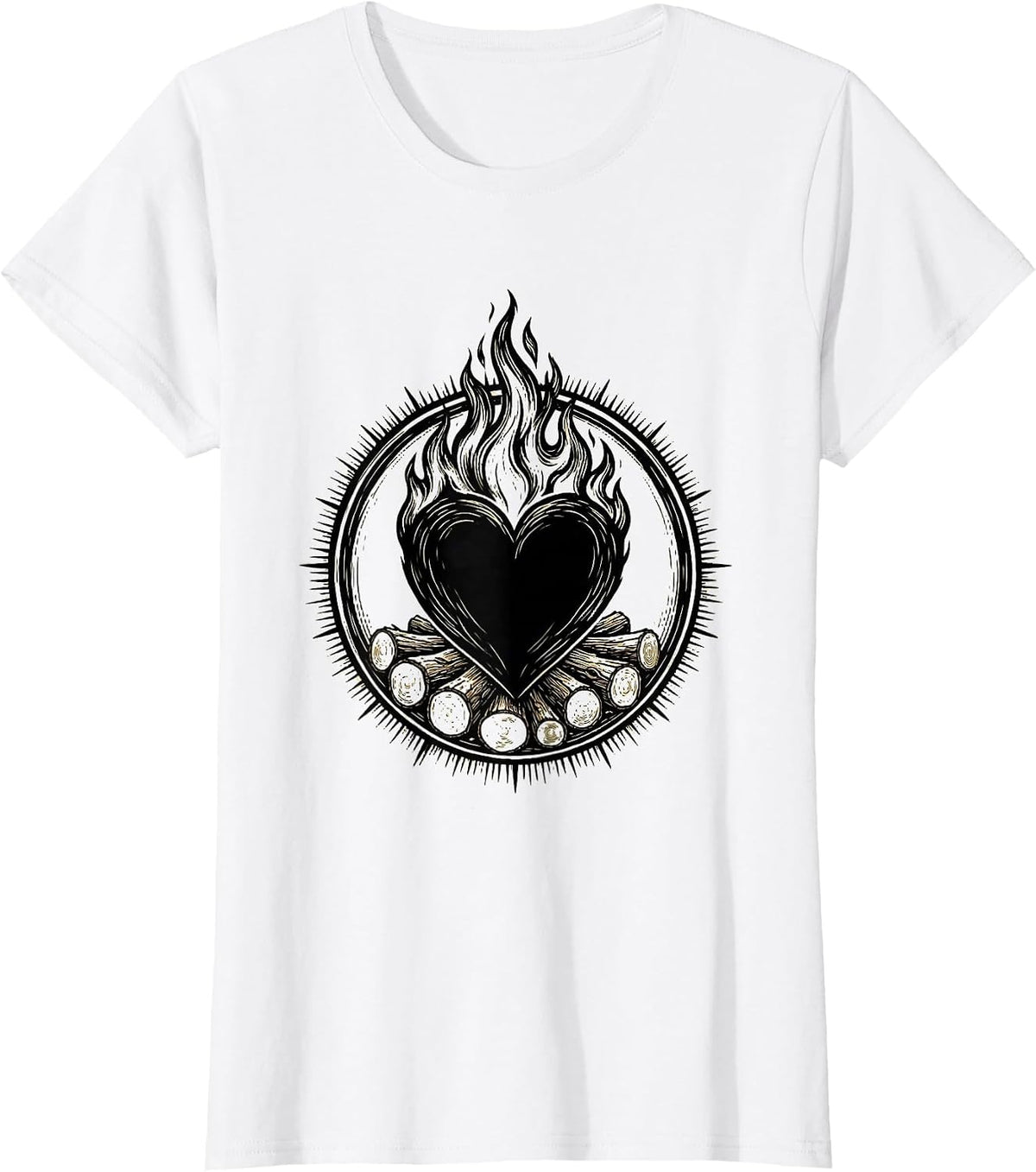 Heart Shaped Burning Campfire Graphic Design T-Shirt - White