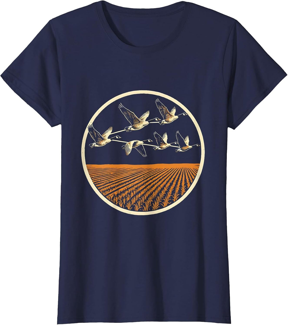 Women's Goose Flock Descending Over Harvested Cornfield T-Shirt - Navy Blue