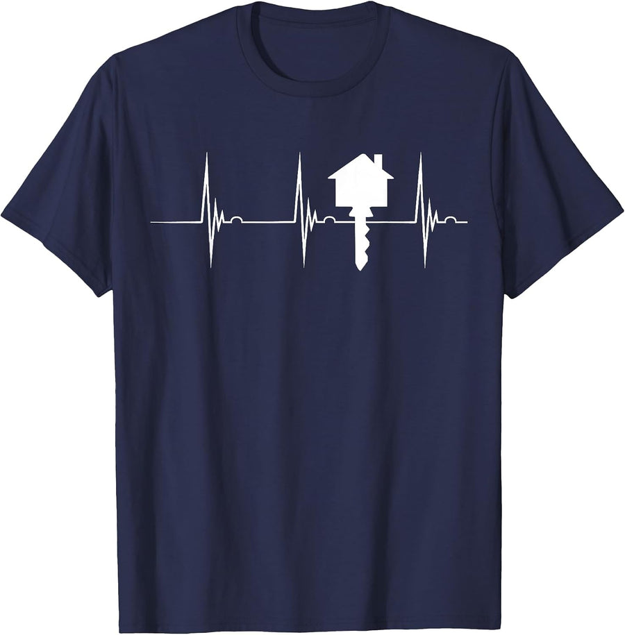 Realtor Real Estate Agent Heartbeat EKG Pulse House Broker T-Shirt - Navy Blue