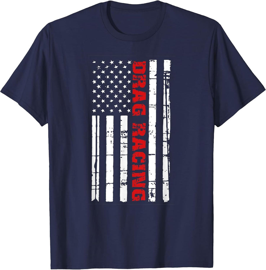 Drag Racing Flag Shirt Street Outlaws Race American T-Shirt - Navy Blue