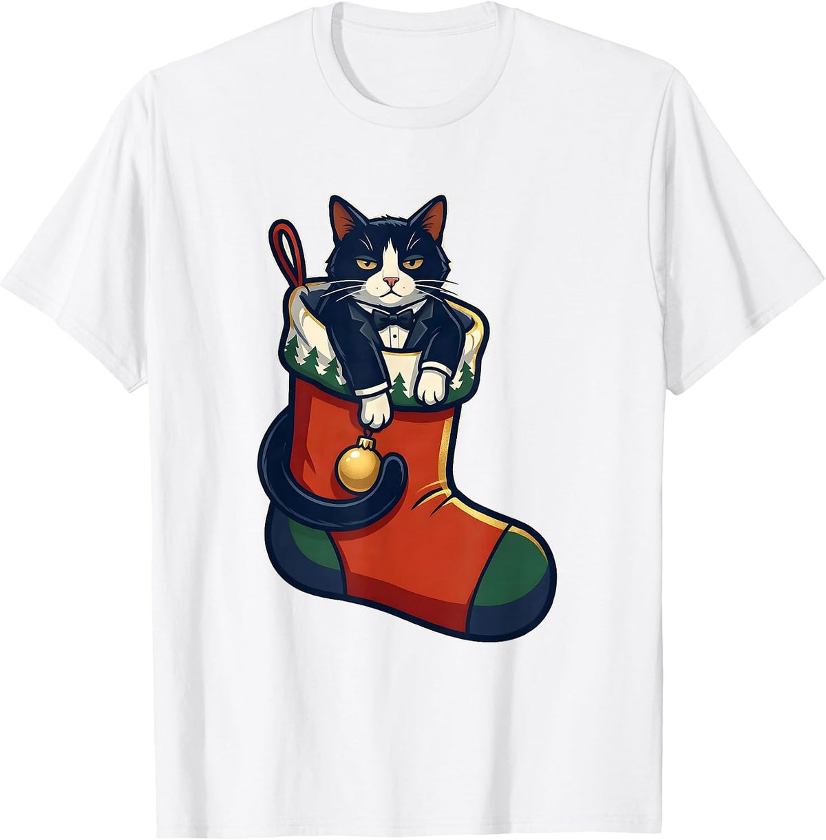 Men's Deadpan Tuxedo Cat Oversized Christmas Stocking Holiday T-Shirt - White