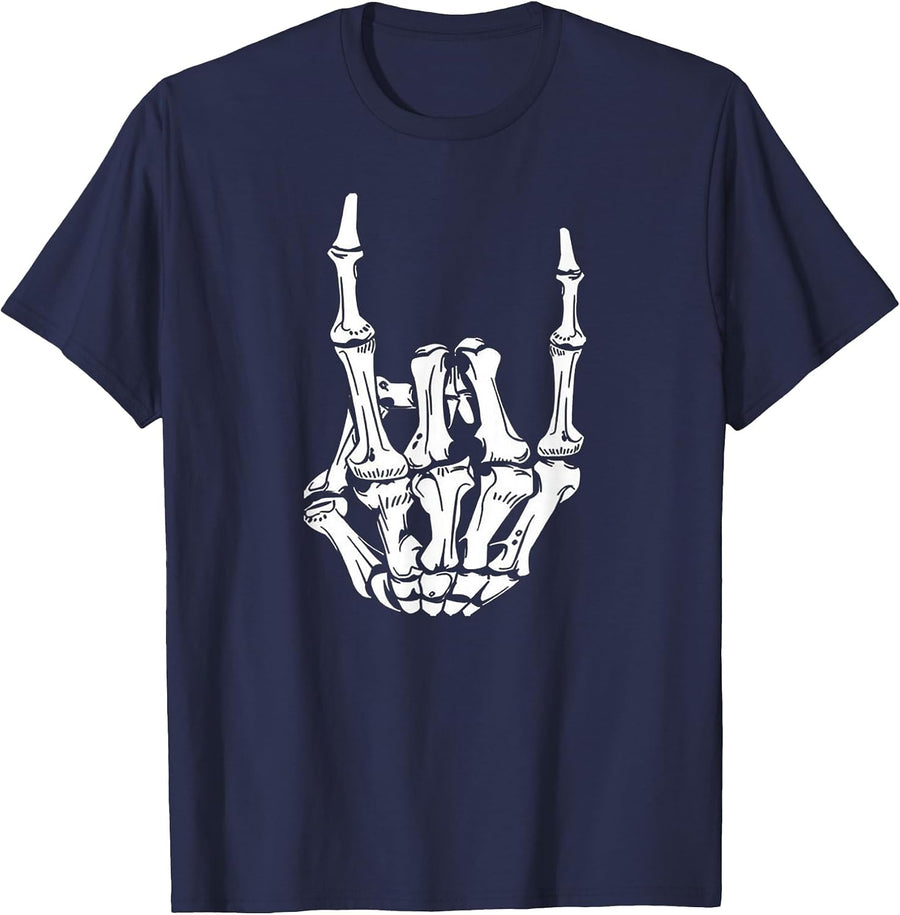 Trendy Rocker Skeleton Hand Rock On Funny Halloween Costume T-Shirt - Navy Blue