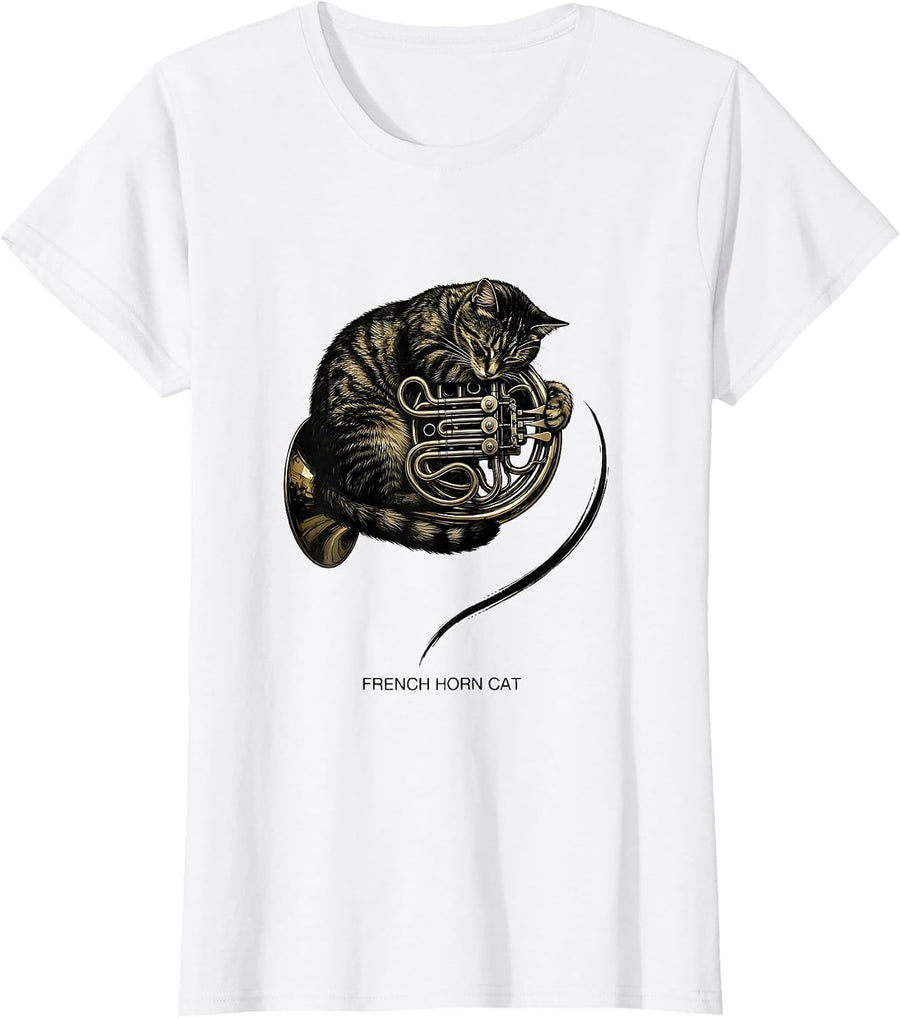 Women's French Horn Cat Funny Cat Music Lover Instrument Humor T-Shirt - White