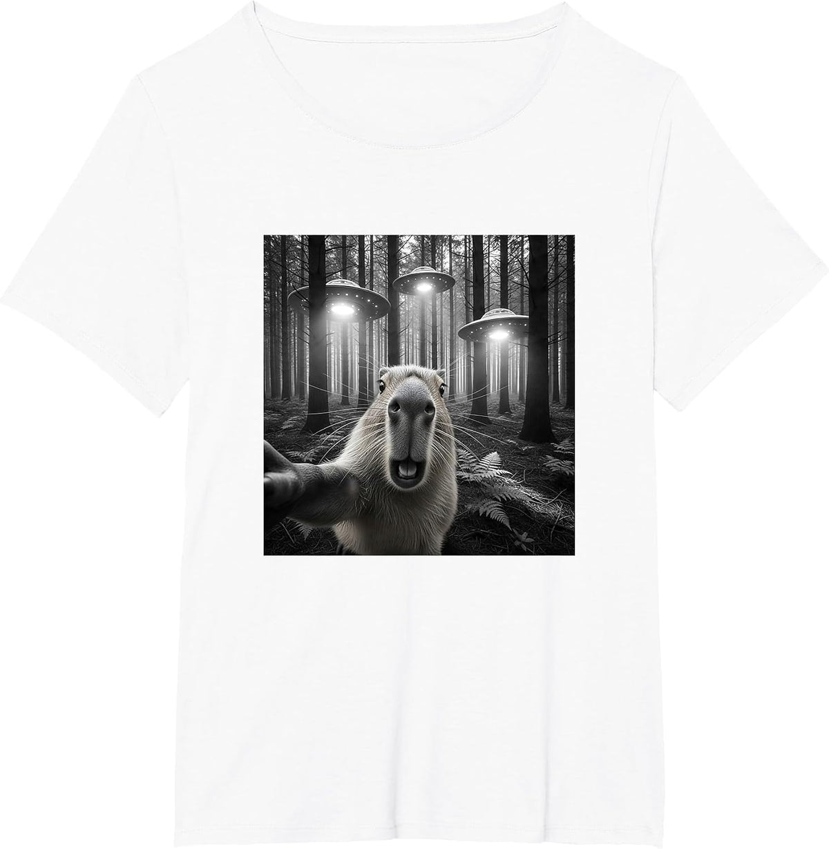 Funny Capybara Selfie with Alien UFO for Men Women Kid T-Shirt - White