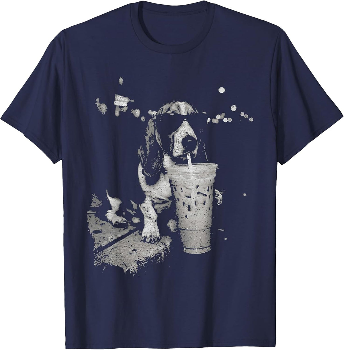 Basset Hound Drinking Iced Coffee Funny Dog Meme Humor T-Shirt - Navy Blue
