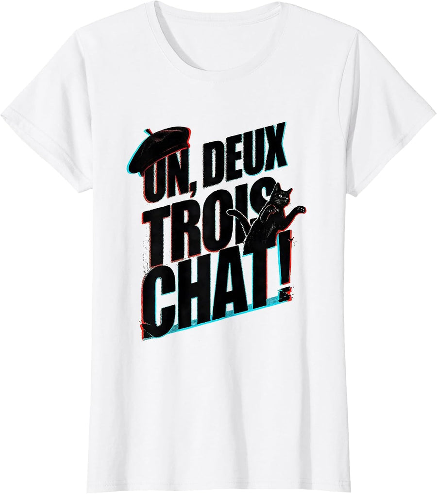 Women's Un Deux Trois Chat! Funny French Cat Lover Francophile Gift T-Shirt - White
