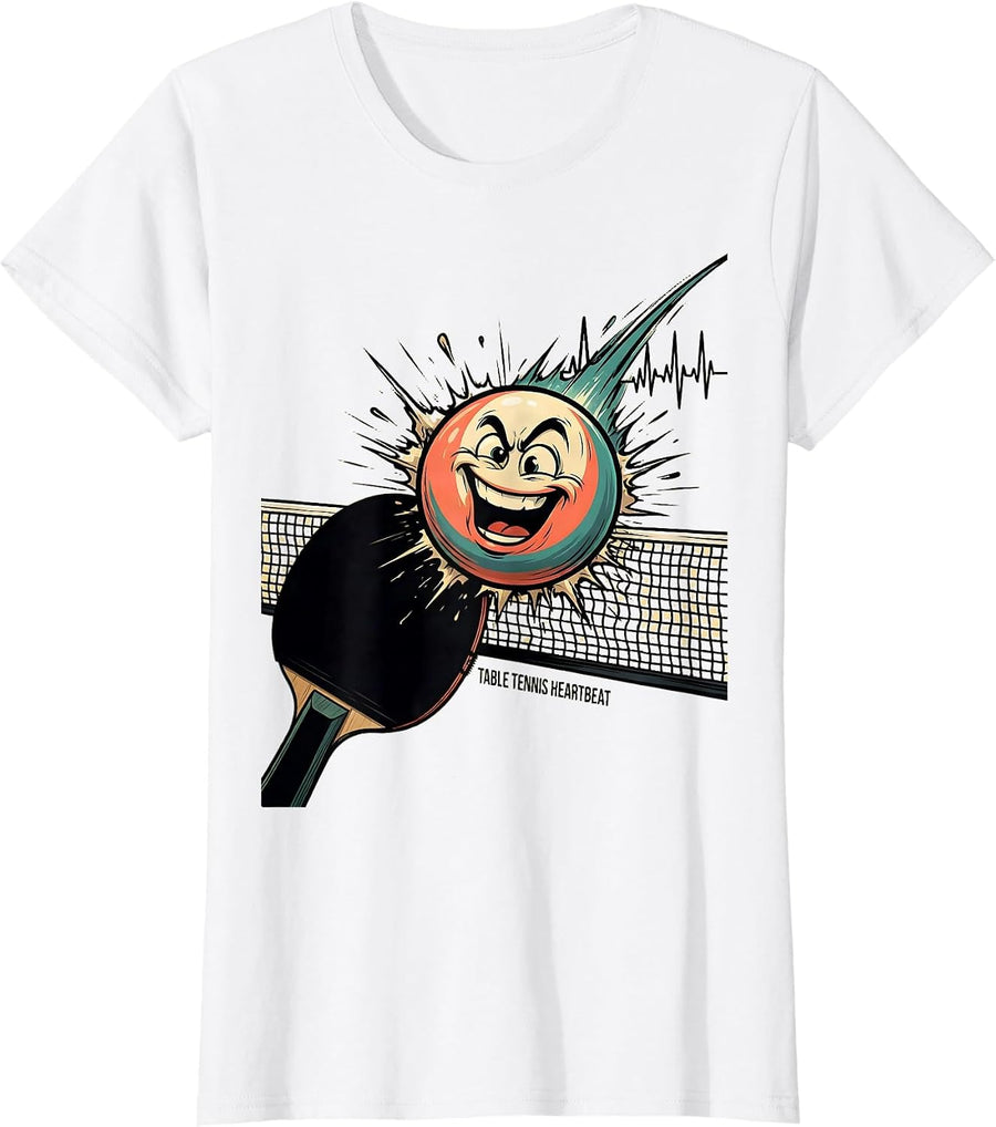 Women's Table Tennis Heartbeat Cartoon Ping Pong Player Humor T-Shirt - White