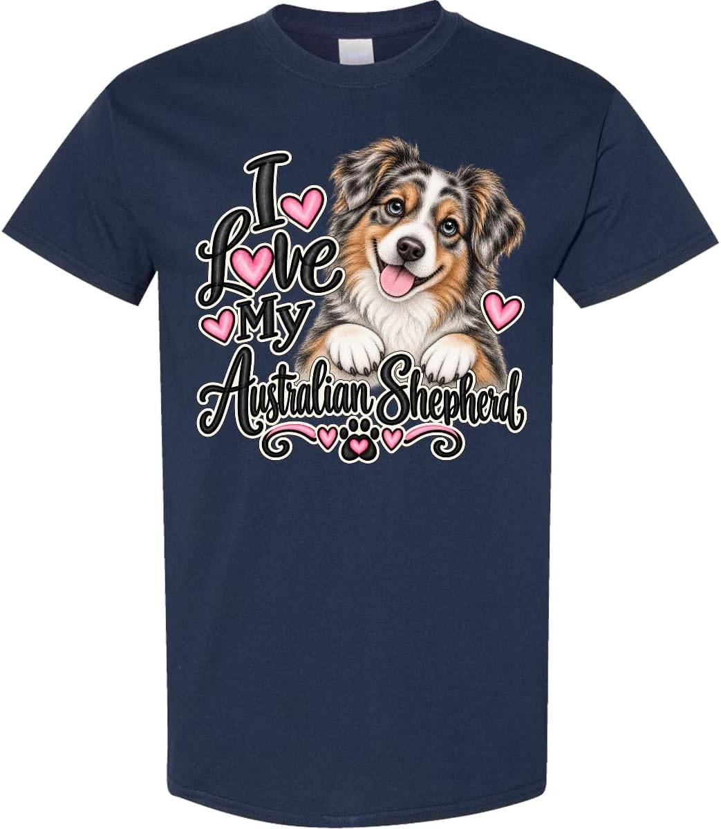 inktastic I Love My Australian Shepherd Adult T-Shirt - Navy Blue