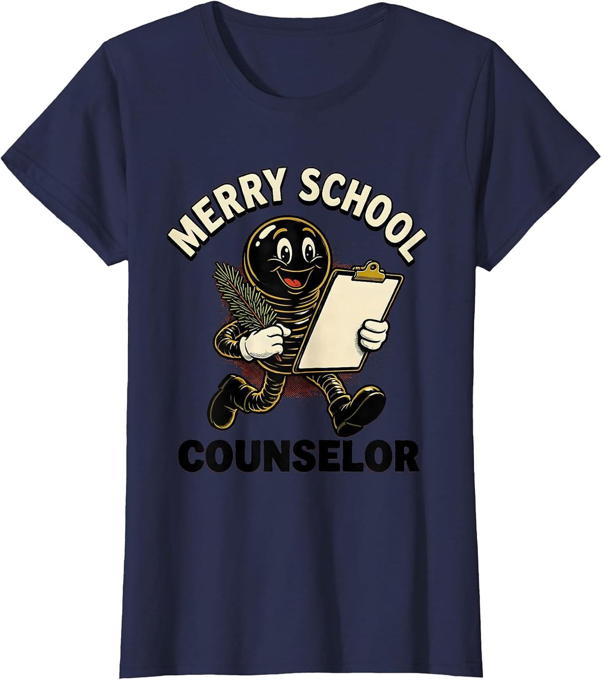 Women's Merry School Counselor Retro Cartoon Christmas Nice List T-Shirt - Navy Blue