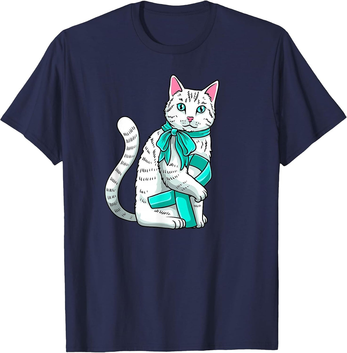 Tourette’s Awareness Cute Cat Teal Ribbon Support T-Shirt - Navy Blue