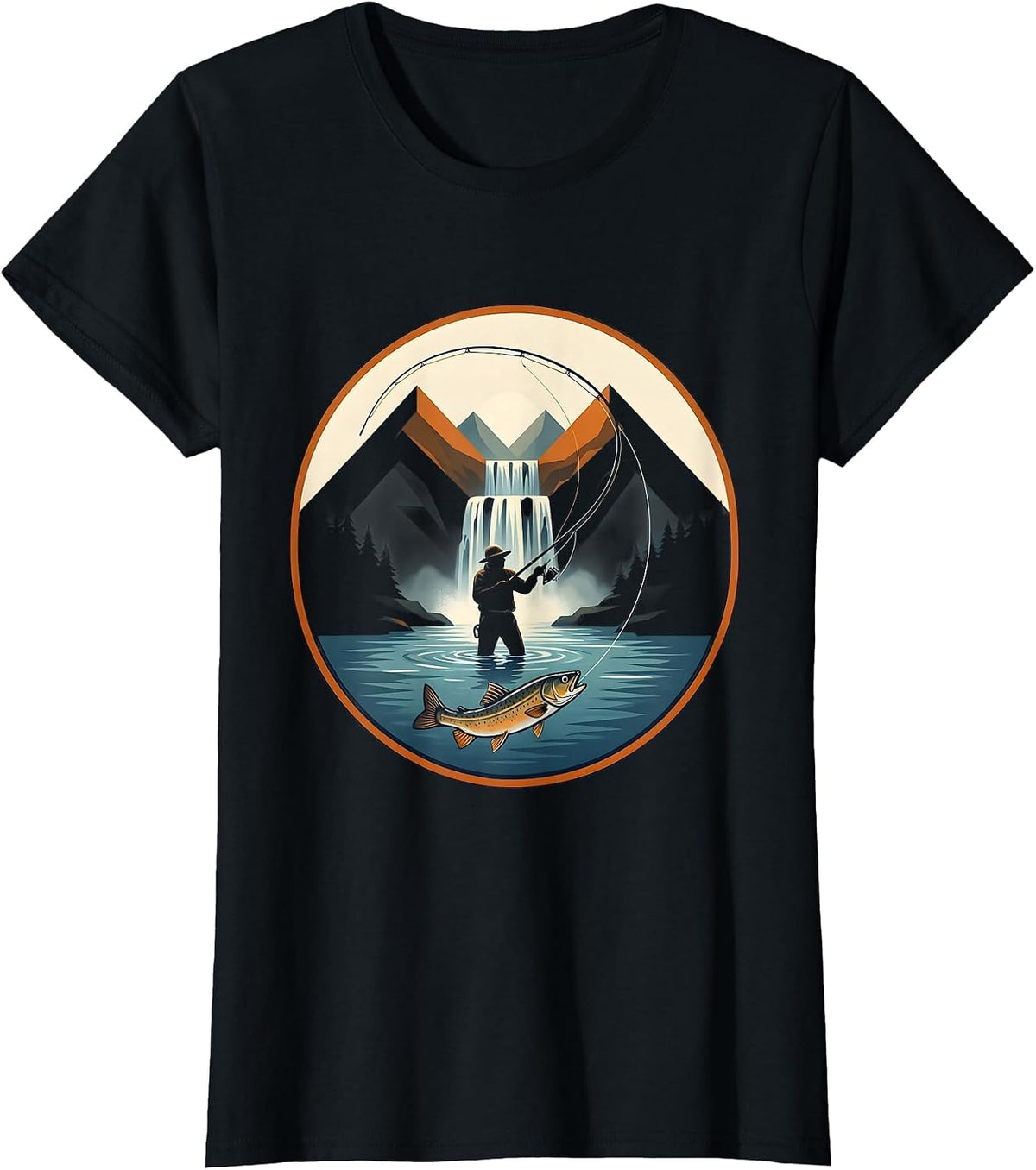 Fly Fisherman Mountain Waterfall Casting Graphic T-Shirt - Black