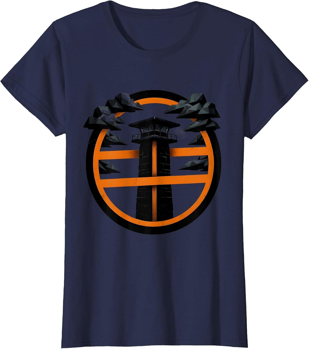 Women's Guard Tower Silhouette Stormy Night Design T-Shirt - Navy Blue