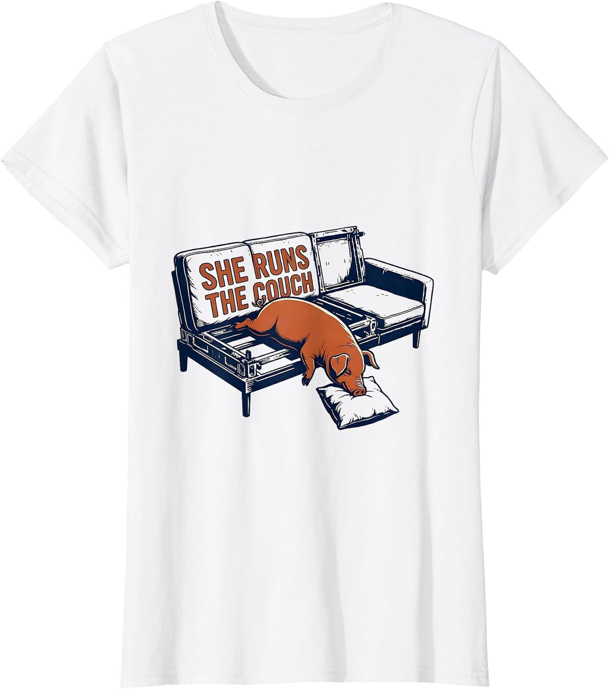 Women's She Runs The Couch Funny Pig Lover Farm Animal Humor T-Shirt - White
