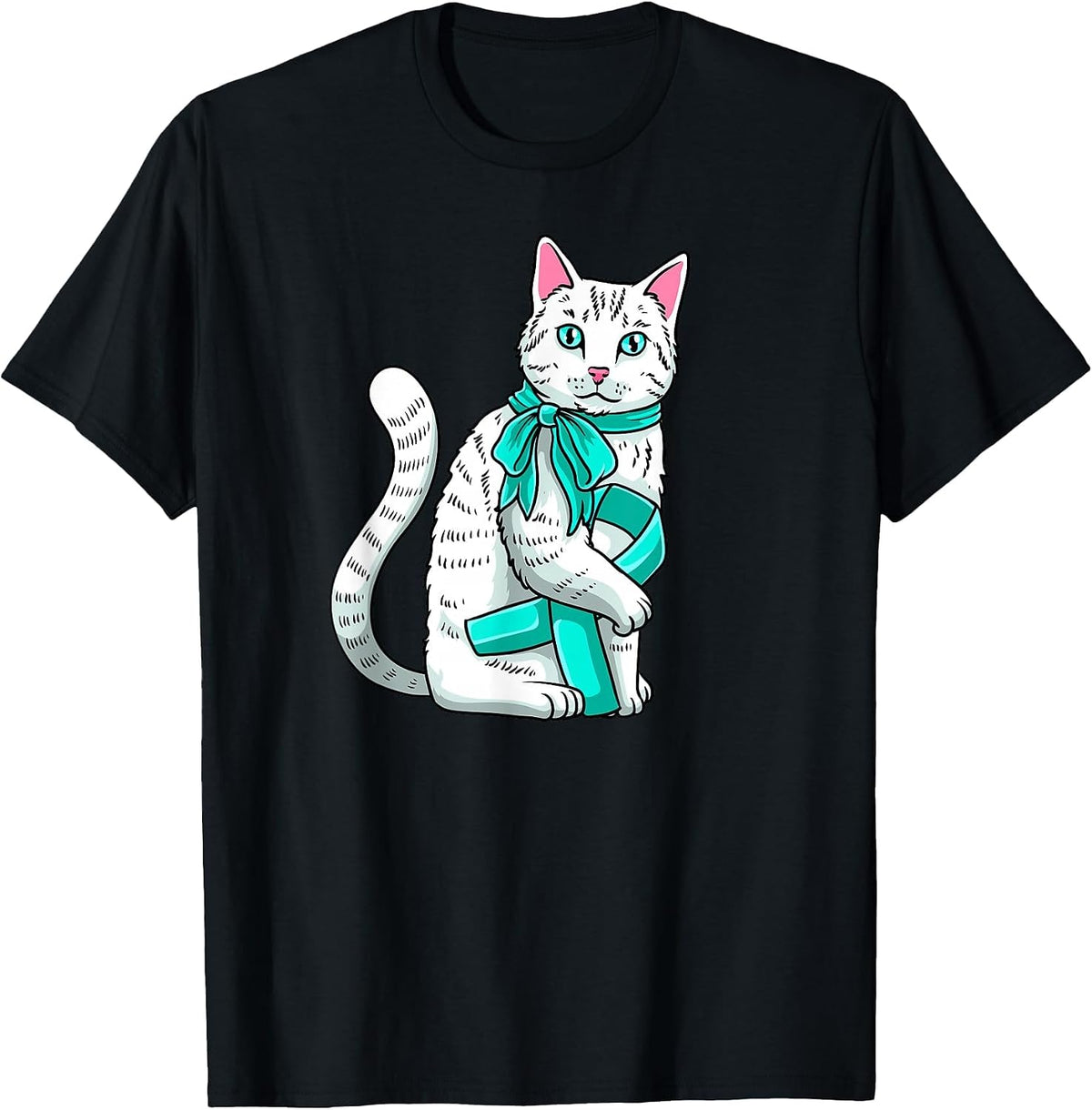 Tourette’s Awareness Cute Cat Teal Ribbon Support T-Shirt - Black
