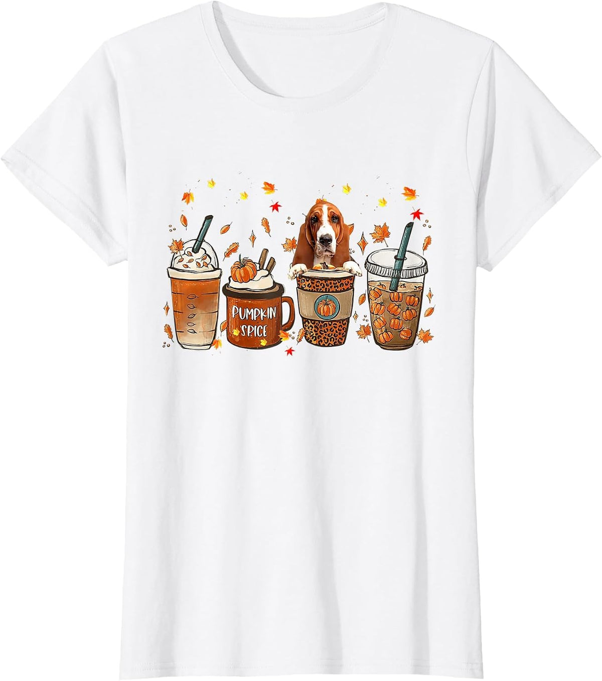 Basset Hound Fall Coffee Pumpkin Spice Latte Iced Autumn T-Shirt - White