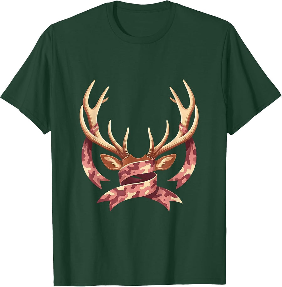 Men's Pink Camo Deer Antlers Ribbon Hunting Design T-Shirt - Dark Green