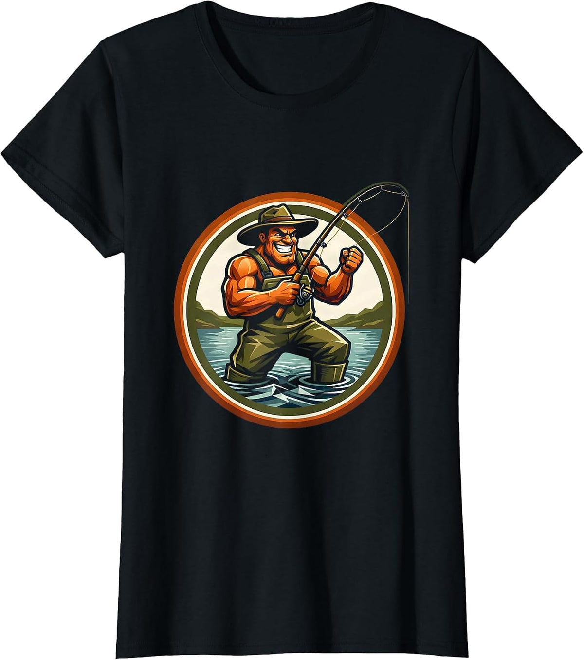 Fly Fishing Waders Stream Fisherman Graphic T-Shirt - Black