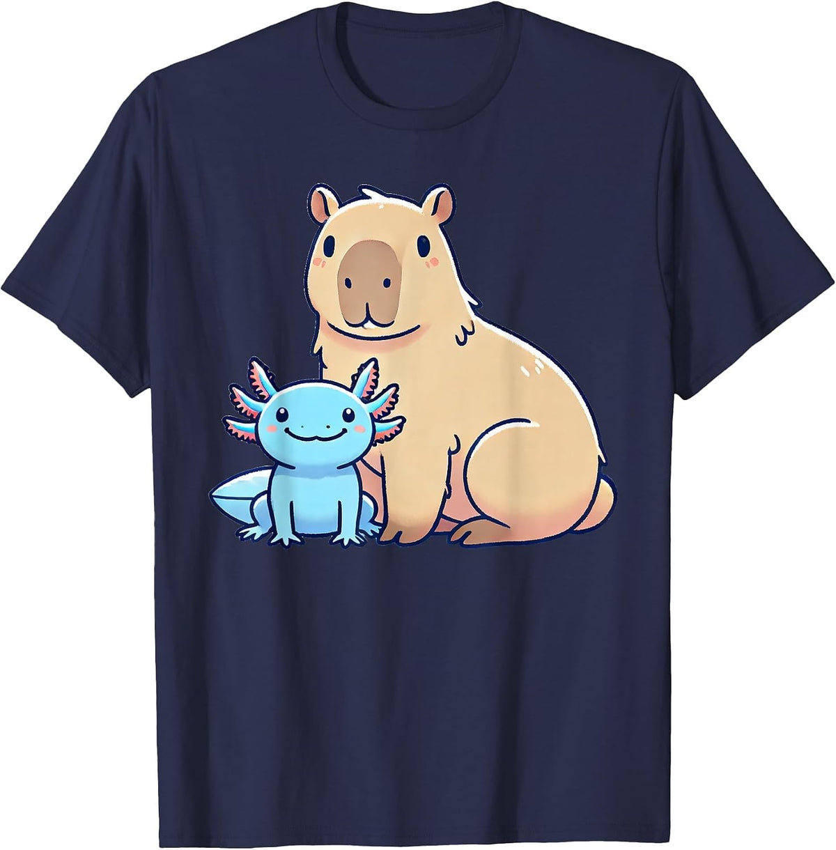 Kawaii Capybara Axolotl T-Shirt - Navy Blue