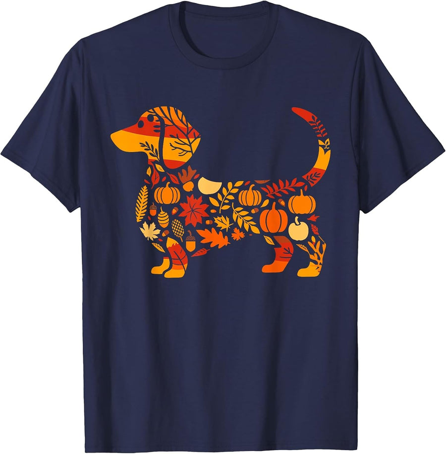 Autumn Pumpkin Fall Dachshund Thanksgiving Womens Mens Kids T-Shirt - Navy Blue