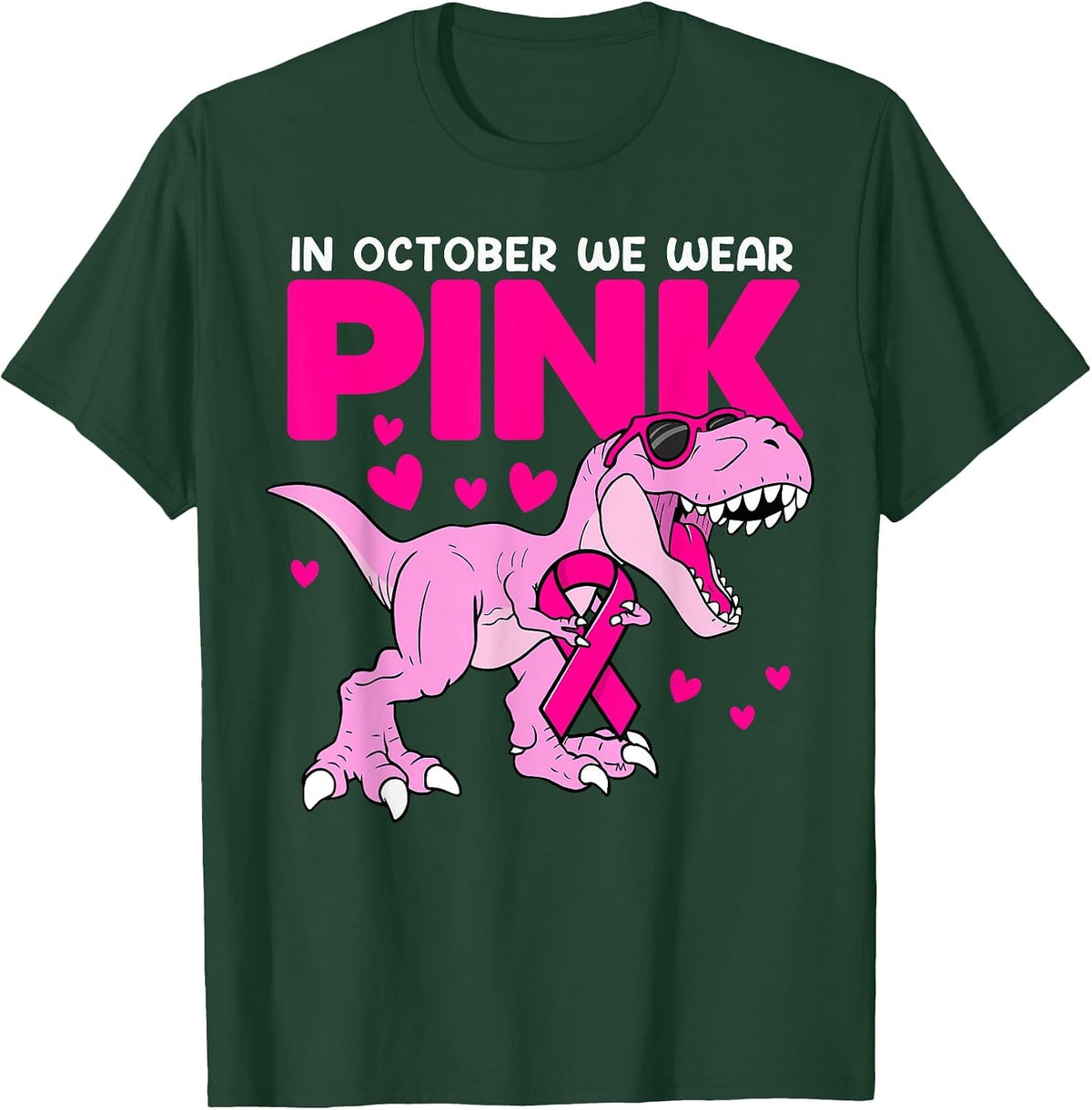 in October We Wear Pink Cute Dinosaur Breast Cancer Boys T-Shirt - Dark Green