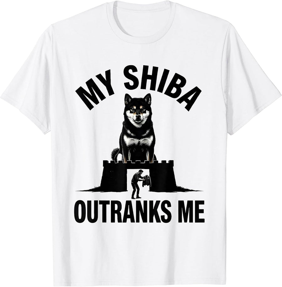Men's My Shiba Outranks Me Funny Dog Owner Breed Humor T-Shirt - White