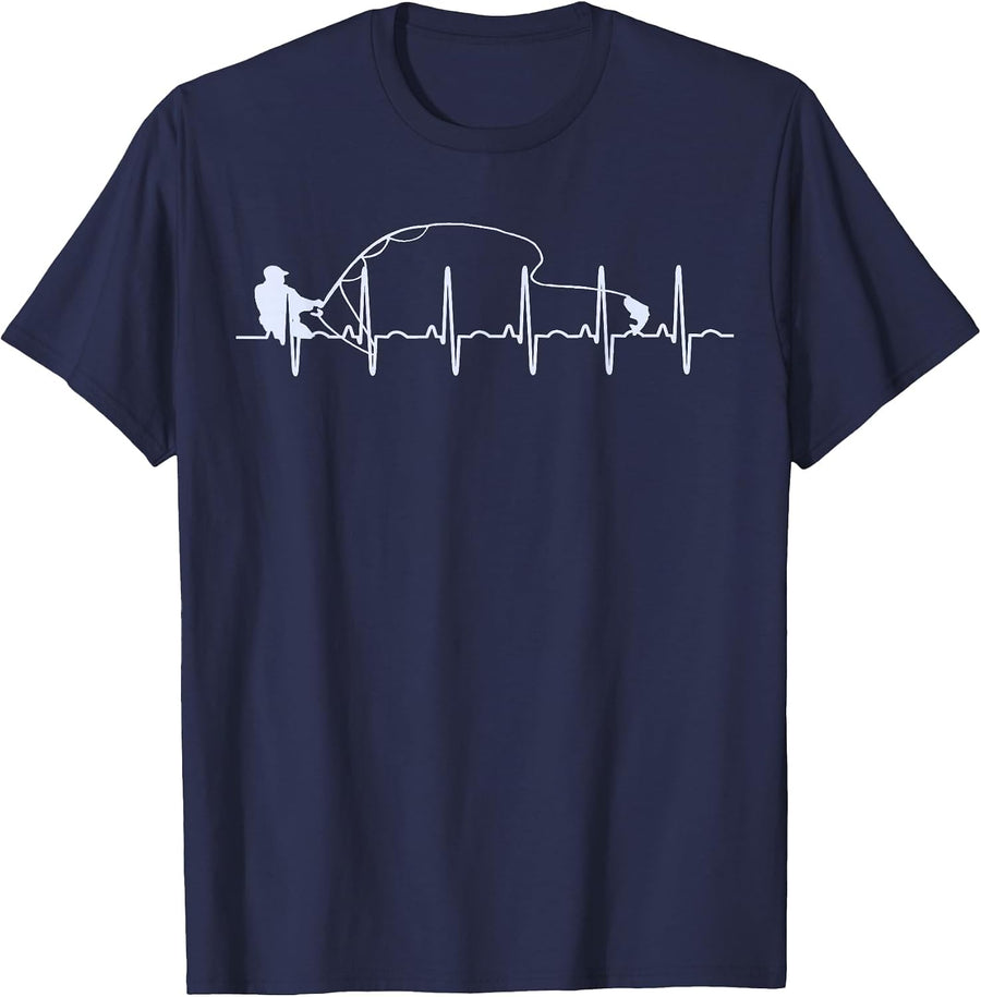 Fly Fishing. Heartbeat Fish. Trout Fishing T-Shirt - Navy Blue