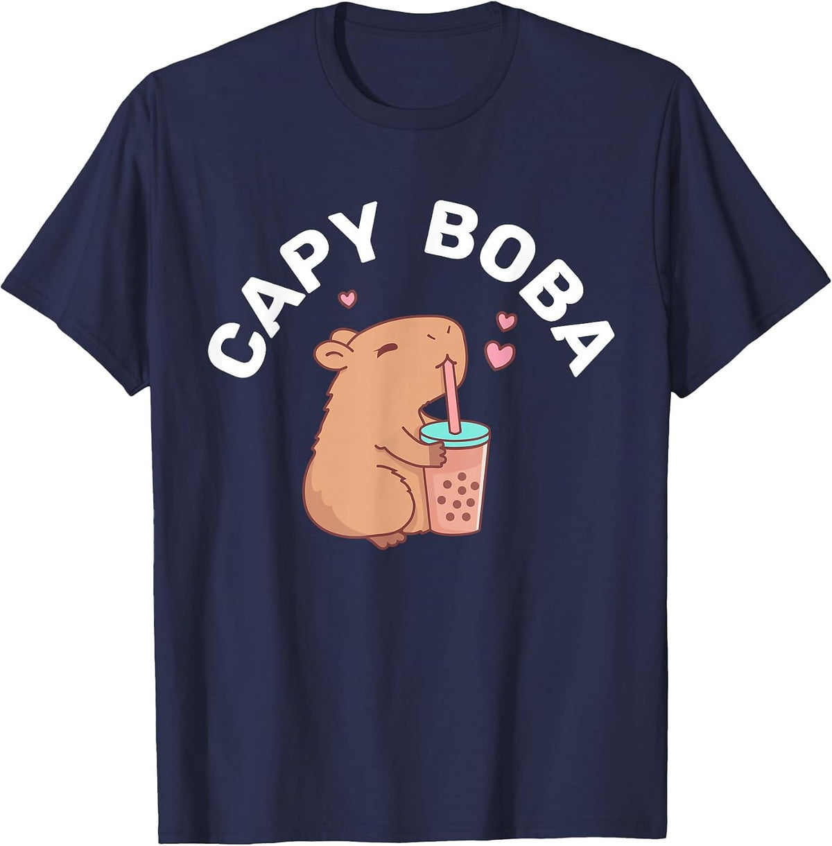 Funny Capybara Rodent, Capyboba Boba Milk Tea T-Shirt - Navy Blue