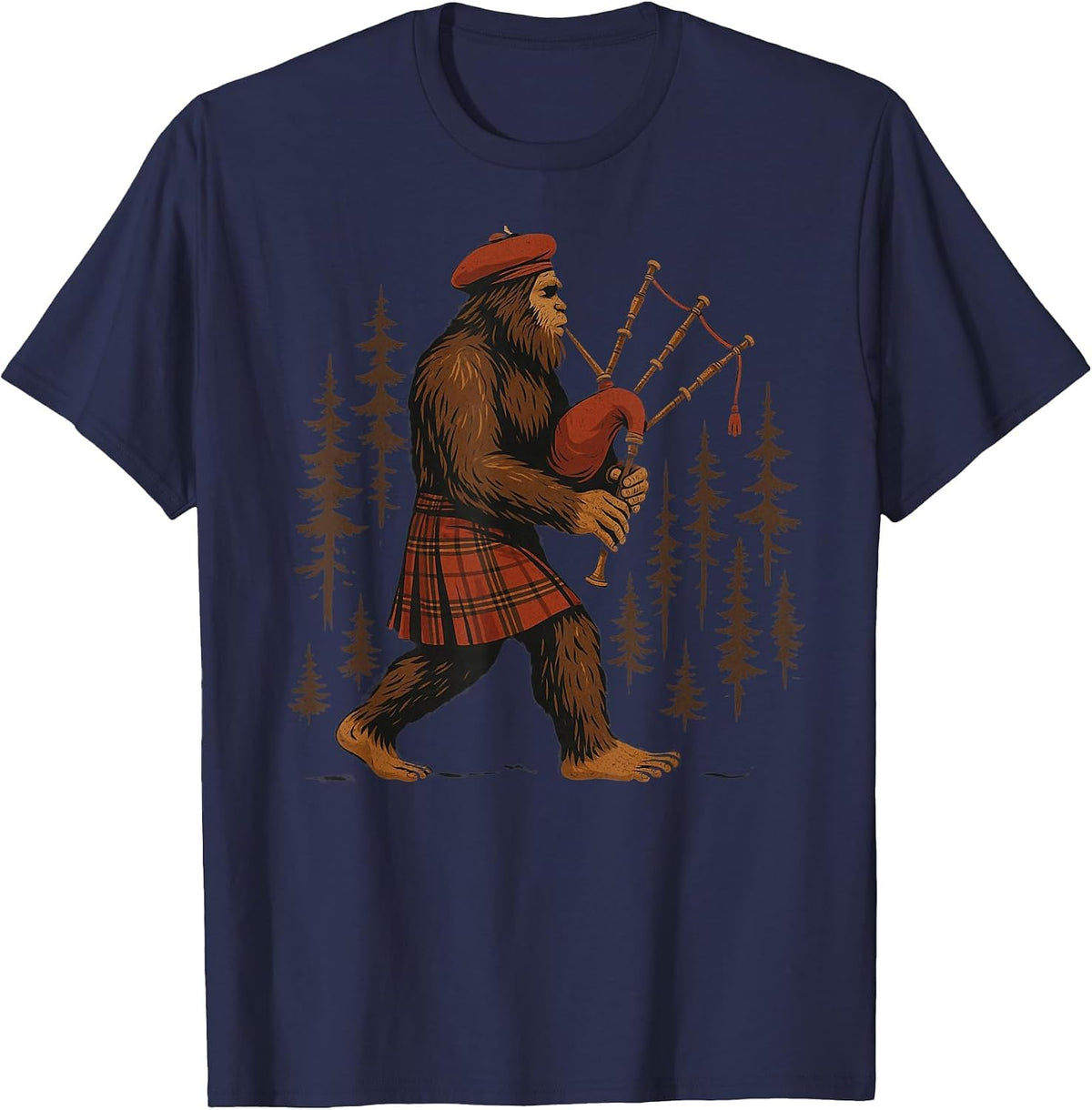 Legendary Sasquatch Bagpipes in Kilts Through Forests T-Shirt - Navy Blue