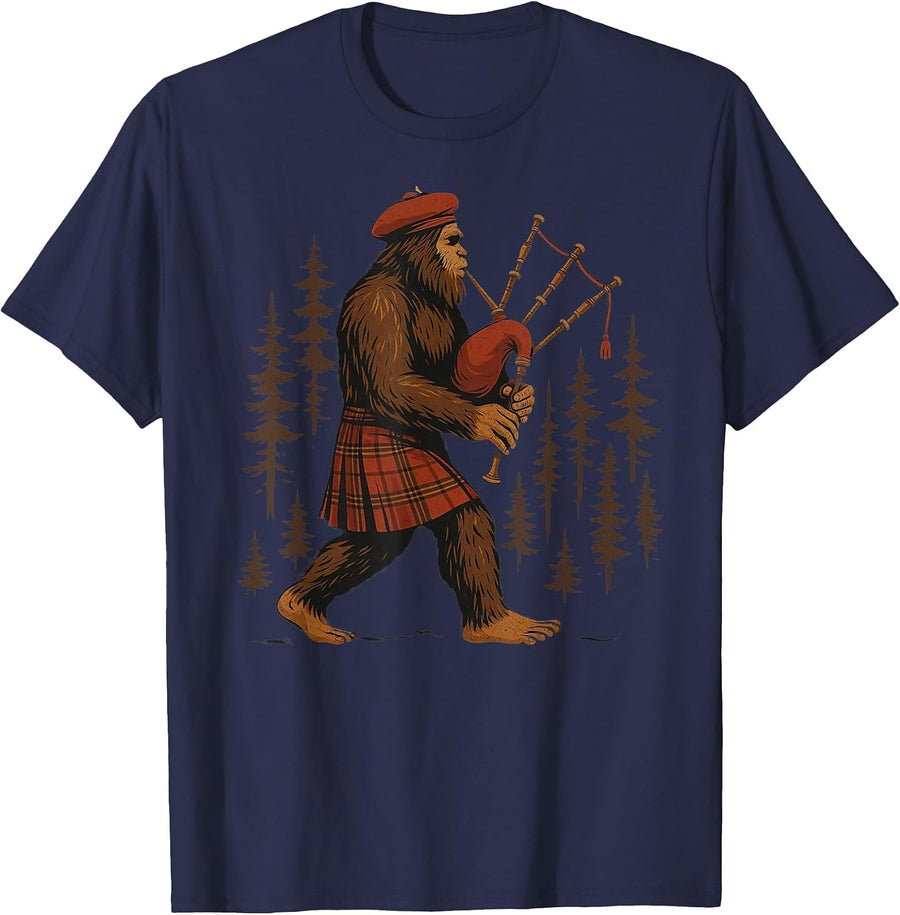 Legendary Sasquatch Bagpipes in Kilts Through Forests T-Shirt - Navy Blue