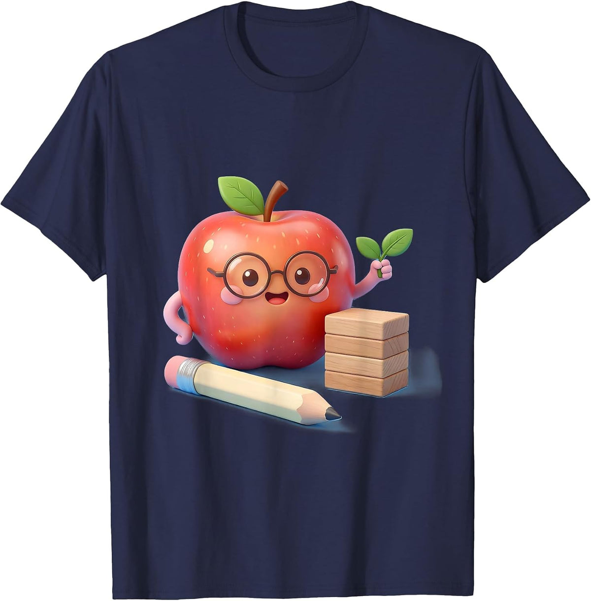 Smiling Apple Teacher Kawaii Pencil Back To School T-Shirt - Navy Blue