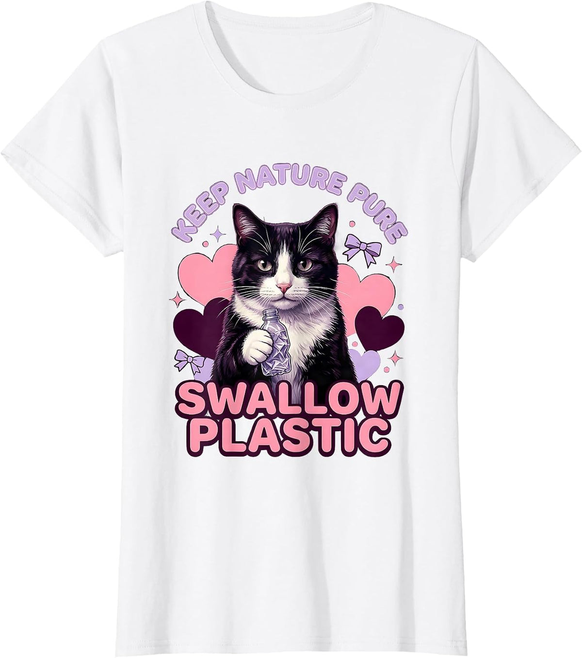 Keep Nature Pure Swallow Plastic Cute Cat Meme Absurdist T-Shirt - White