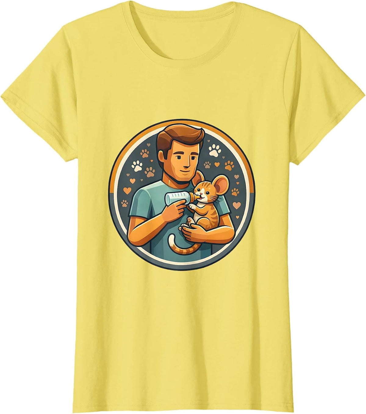 Cat Dad Bottle Feeding Kitten Graphic Tee T-Shirt - Lemon Yellow