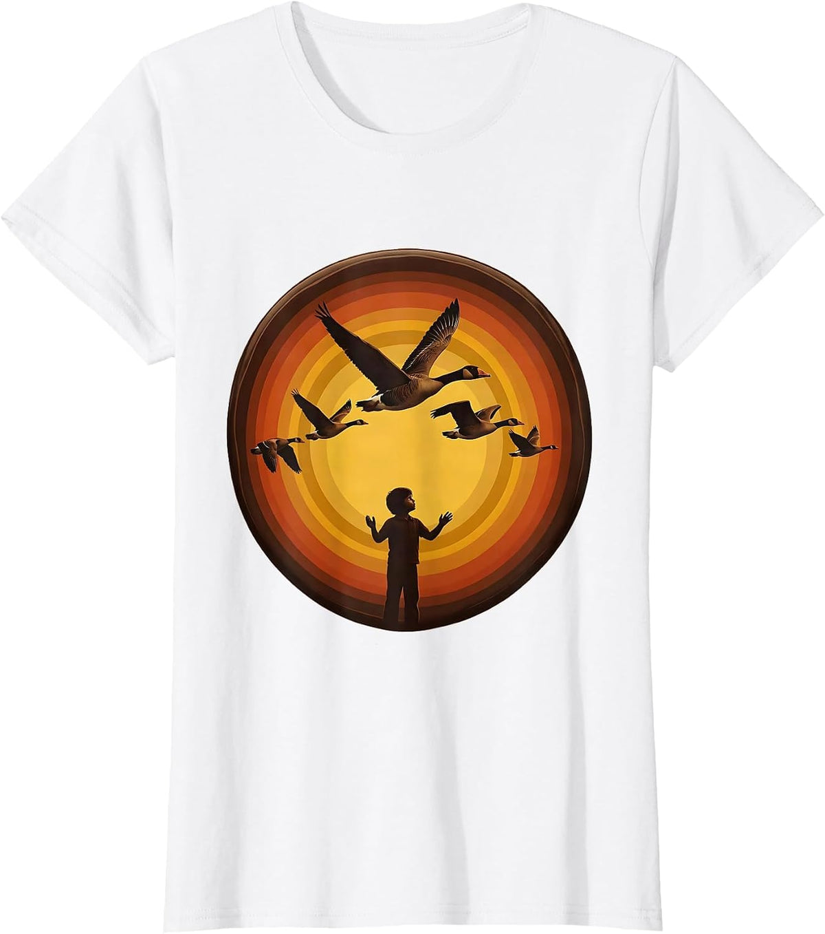 Women's Fall Boys Child Watching Geese Fly V Formation T-Shirt - White