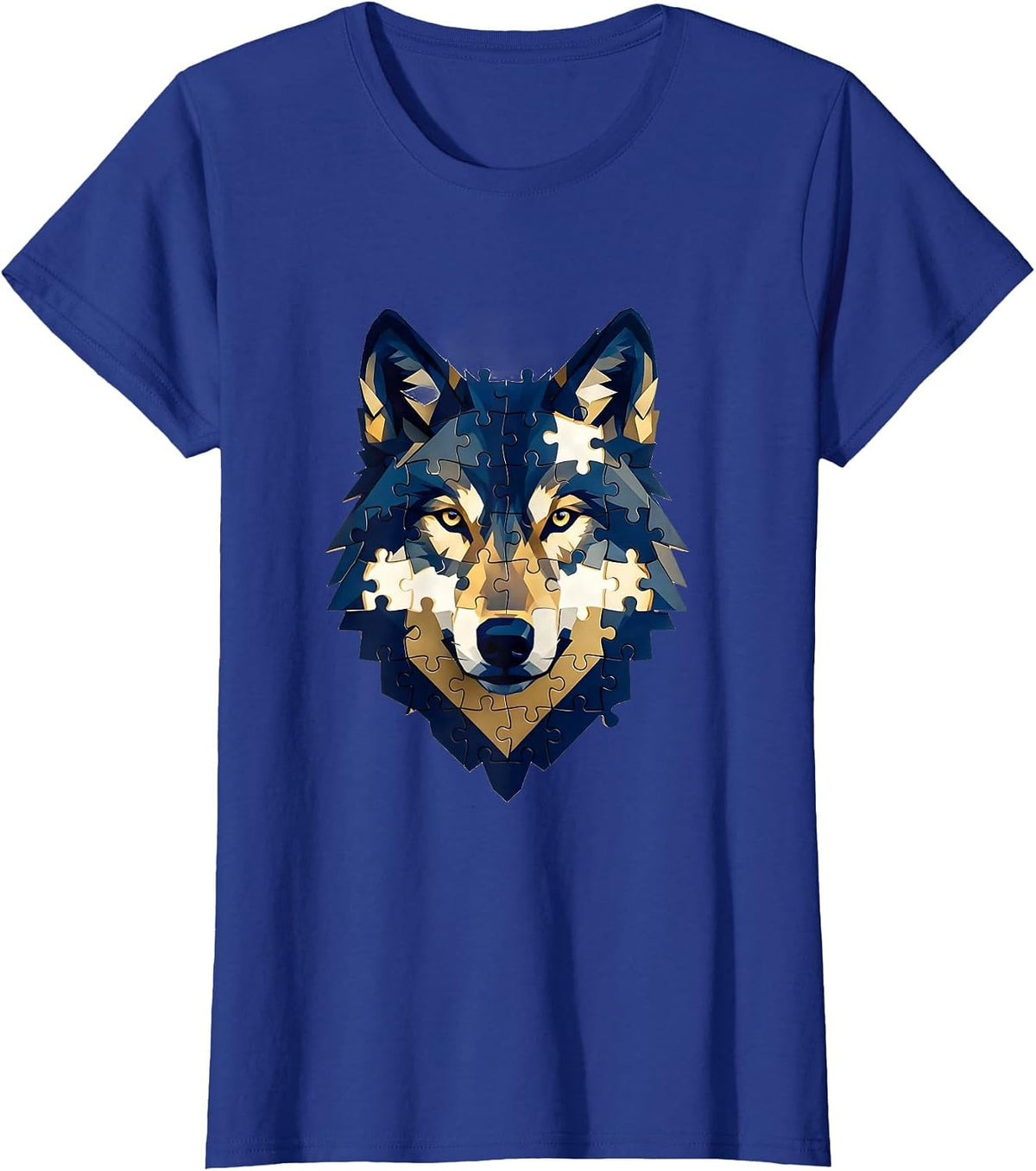 Women's Geometric Puzzle Piece Wolf Autism Awareness T-Shirt - Royal Blue