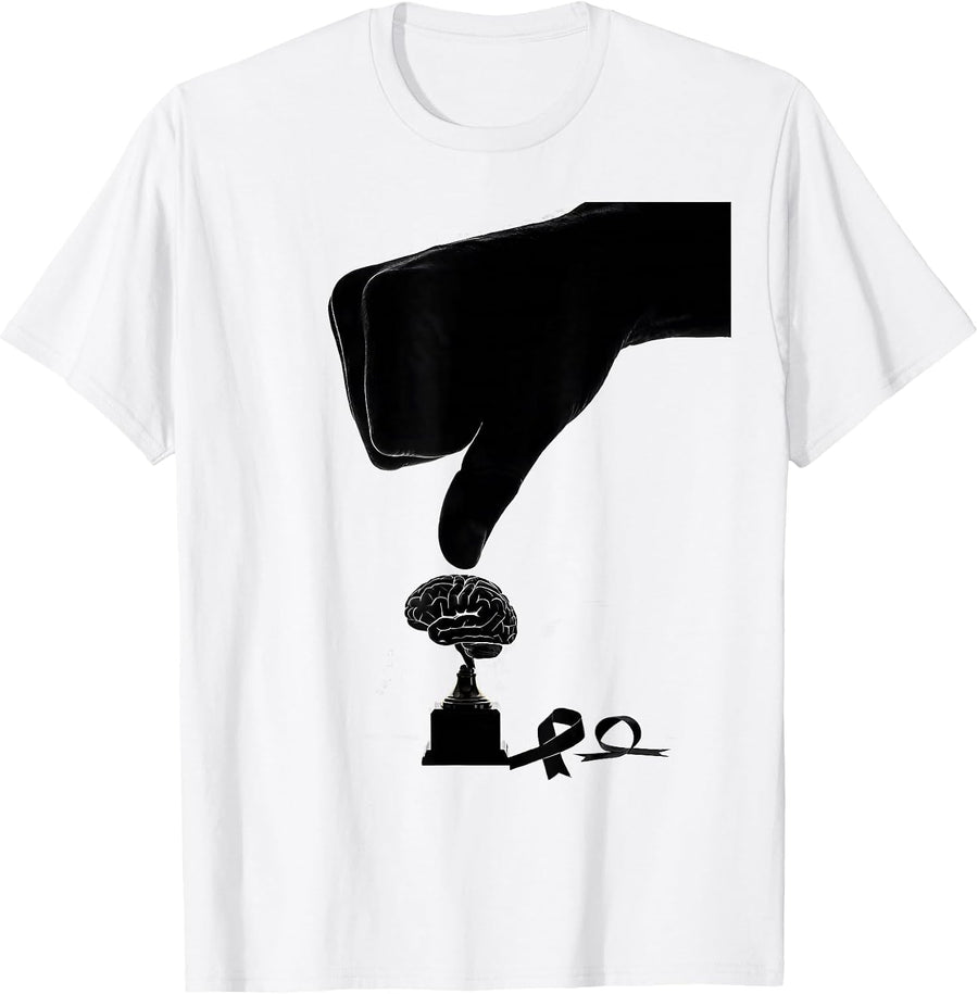 Men's Thumbs Down Brain On Pedestal Parkinson's Defiant Humor T-Shirt - White