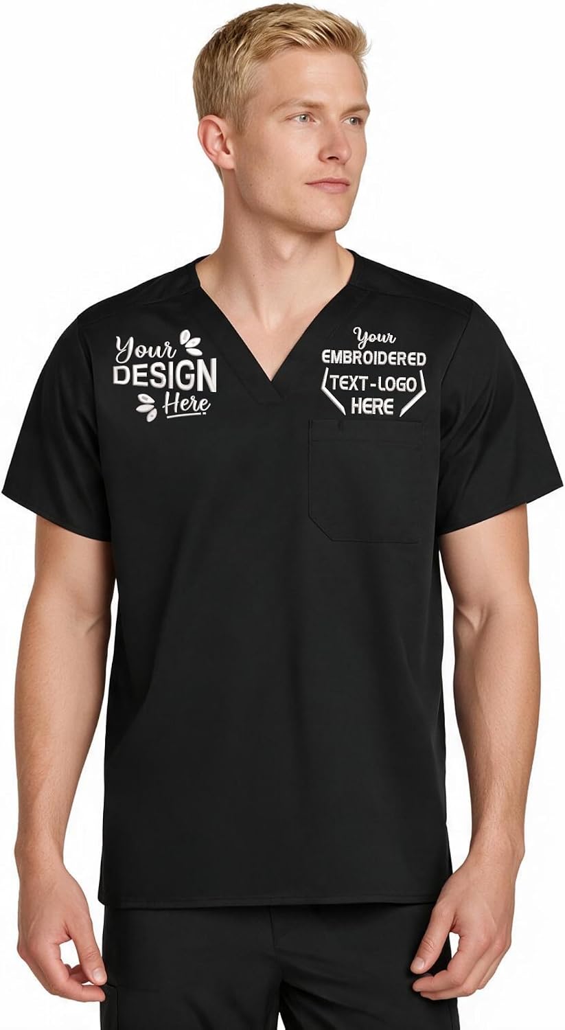Custom Embroidered Men's V-Neck Scrub Top – Add Your Name, Logo & Design - Black