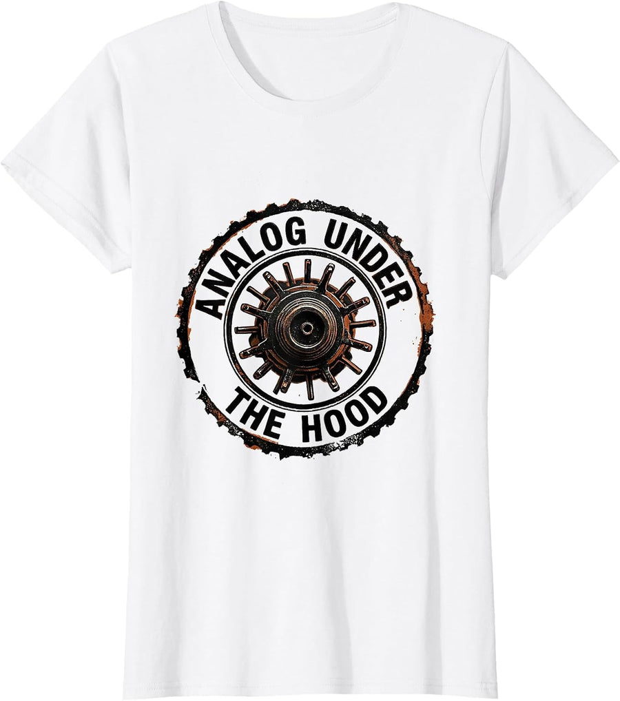 Women's Analog Under The Hood Vintage Retro Classic Car Racing T-Shirt - White