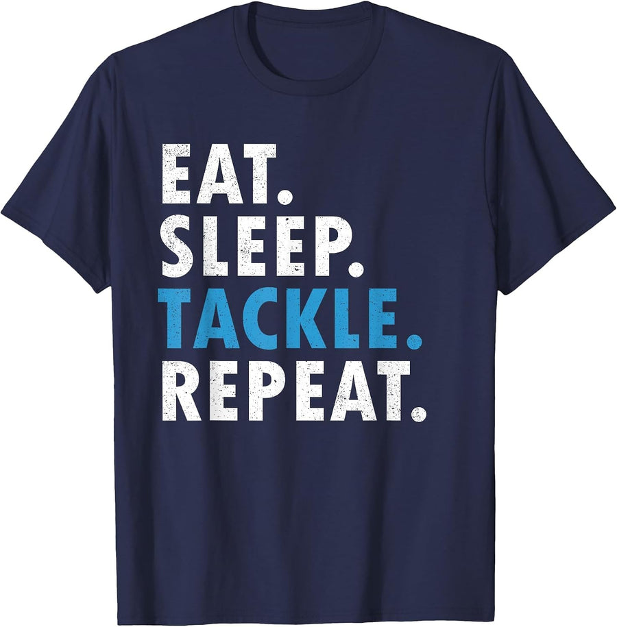 Eat Sleep Tackle Repeat Football Player Defense T Shirt T-Shirt - Navy Blue