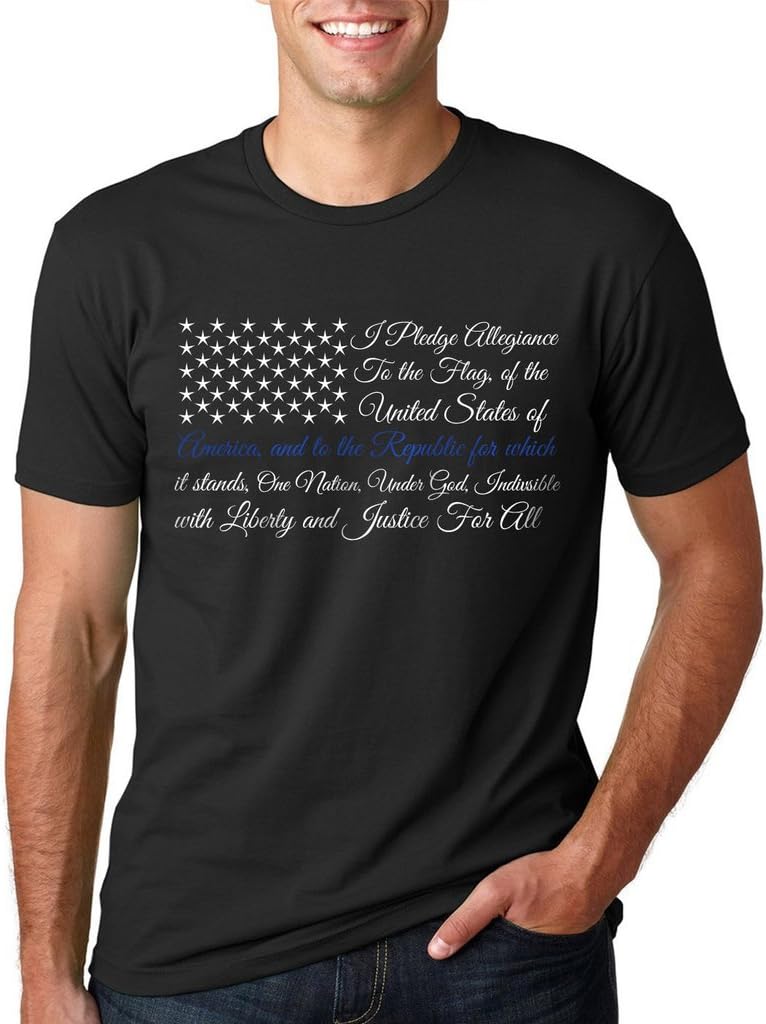 Men's Crew Neck Short Sleeve 100% Cotton Large Black T-Shirt with Thin Blue Line Pledge of Allegiance Flag Design - Black