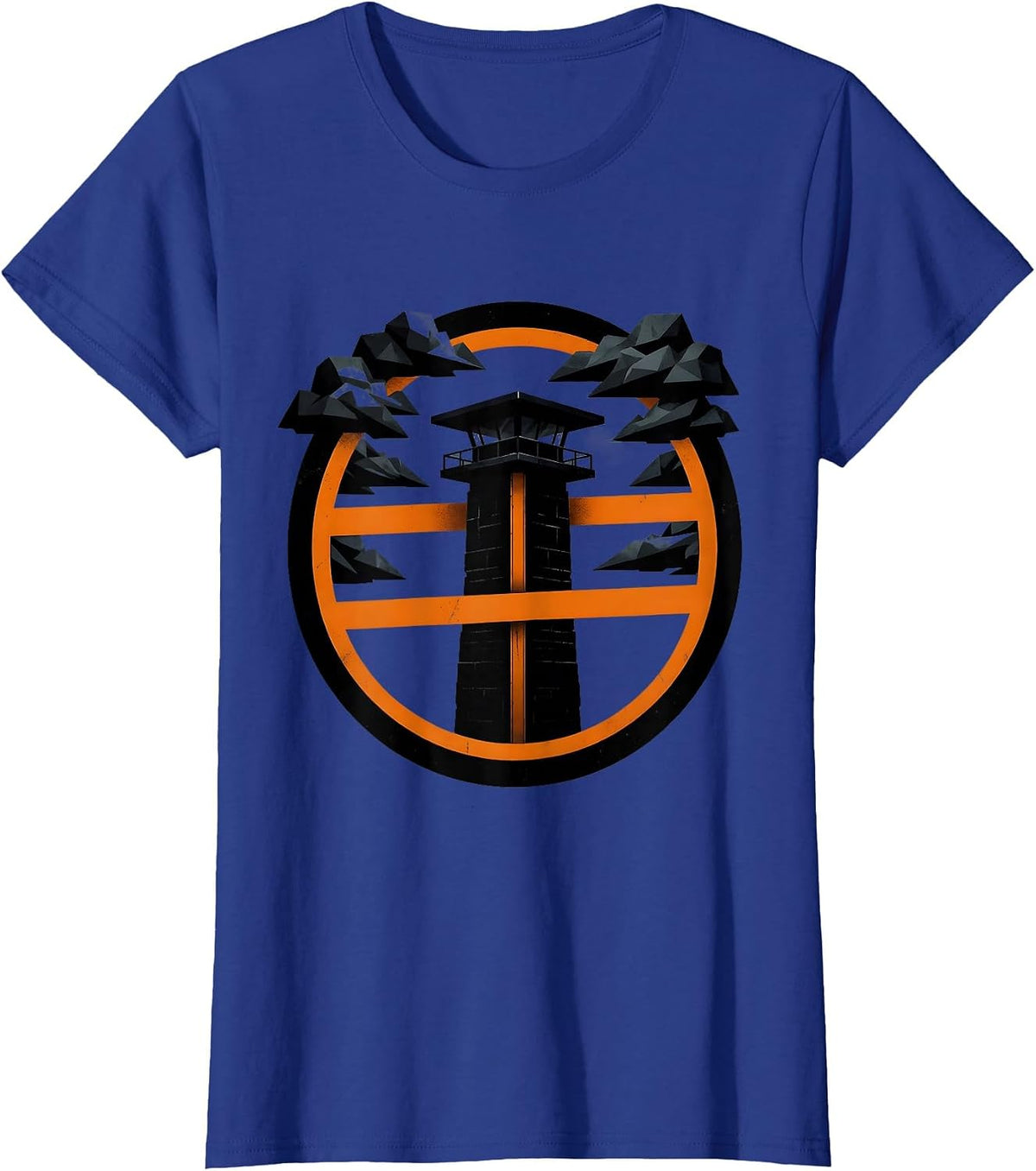Women's Guard Tower Silhouette Stormy Night Design T-Shirt - Royal Blue