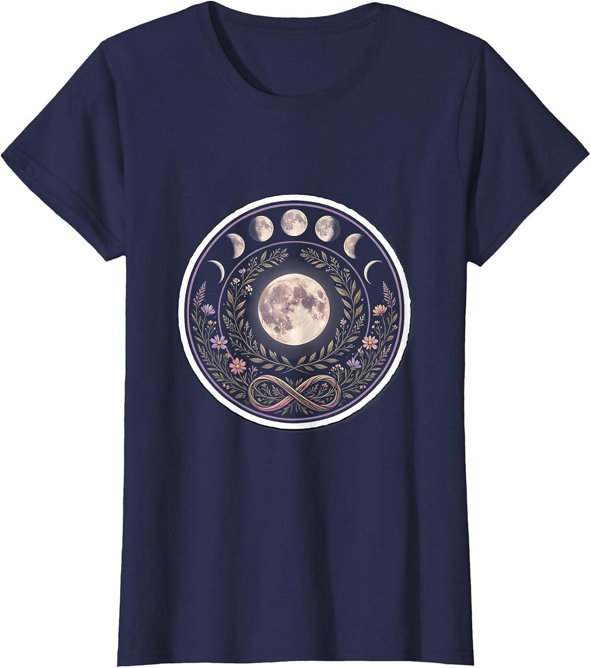 Women's Autism Awareness Moon Phase Floral Wreath Design T-Shirt - Navy Blue