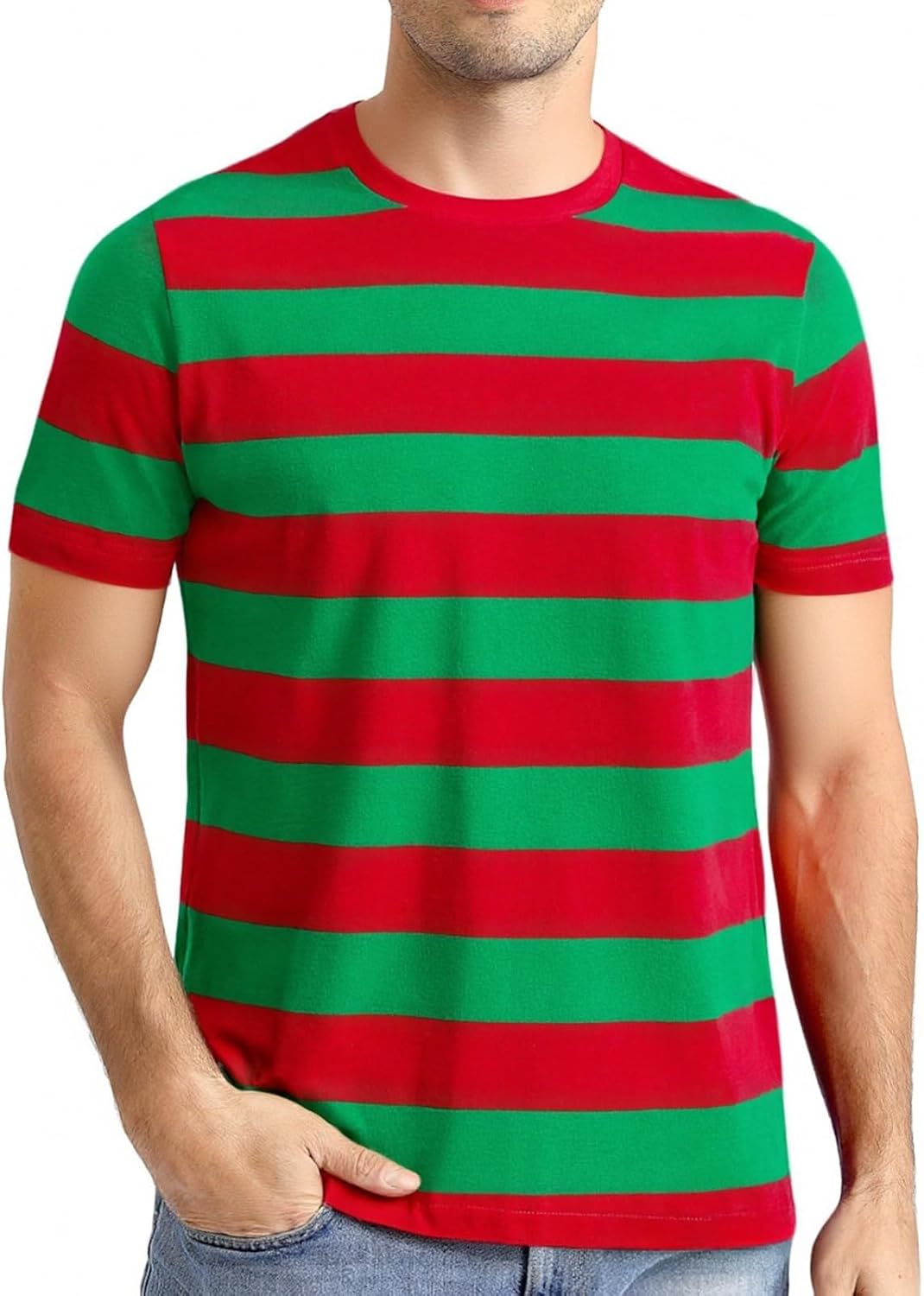 Funny World Men's Cotton Striped T-Shirt Crew Neck Short Sleeves Basic Casual Top - Red and Green