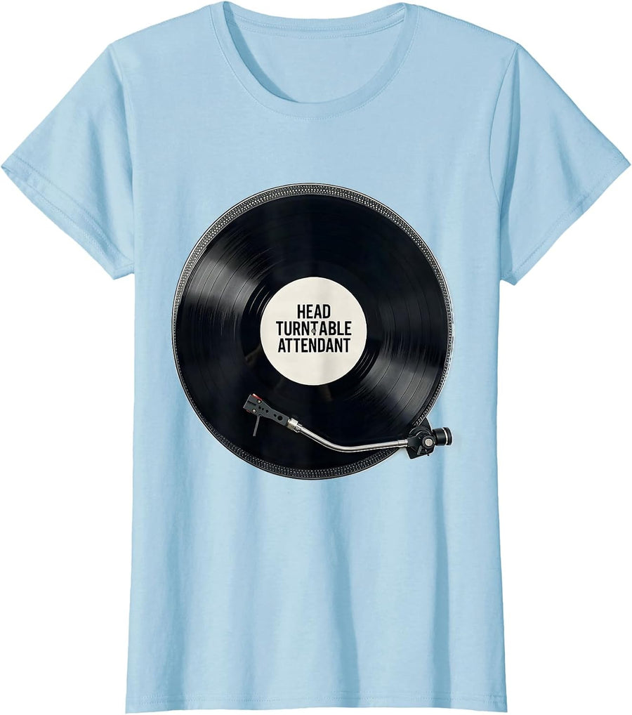 Women's Head Turntable Attendant Minimalist Vinyl Record Collector T-Shirt - Baby Blue